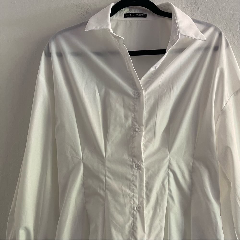 Shein White Oversized Button Up Collared Shirt Dress Sheer Womens Size 2 - Picture 6 of 9